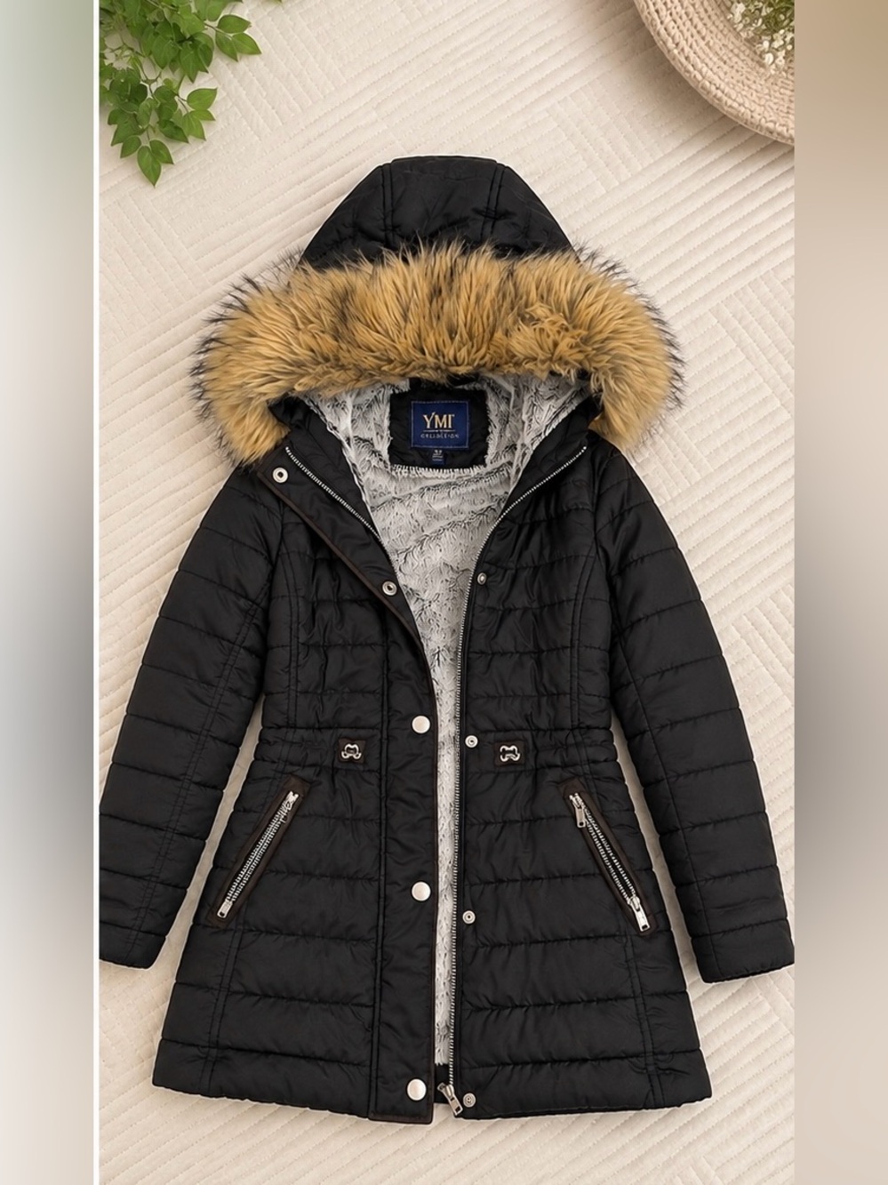 YMI Black Quilted Hooded Puffer Coat with Faux Fur Trim